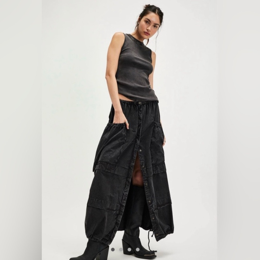 Free People Skirt Women’s Large 100% Cotton Eloise Maxi Baggy Cargo Black
